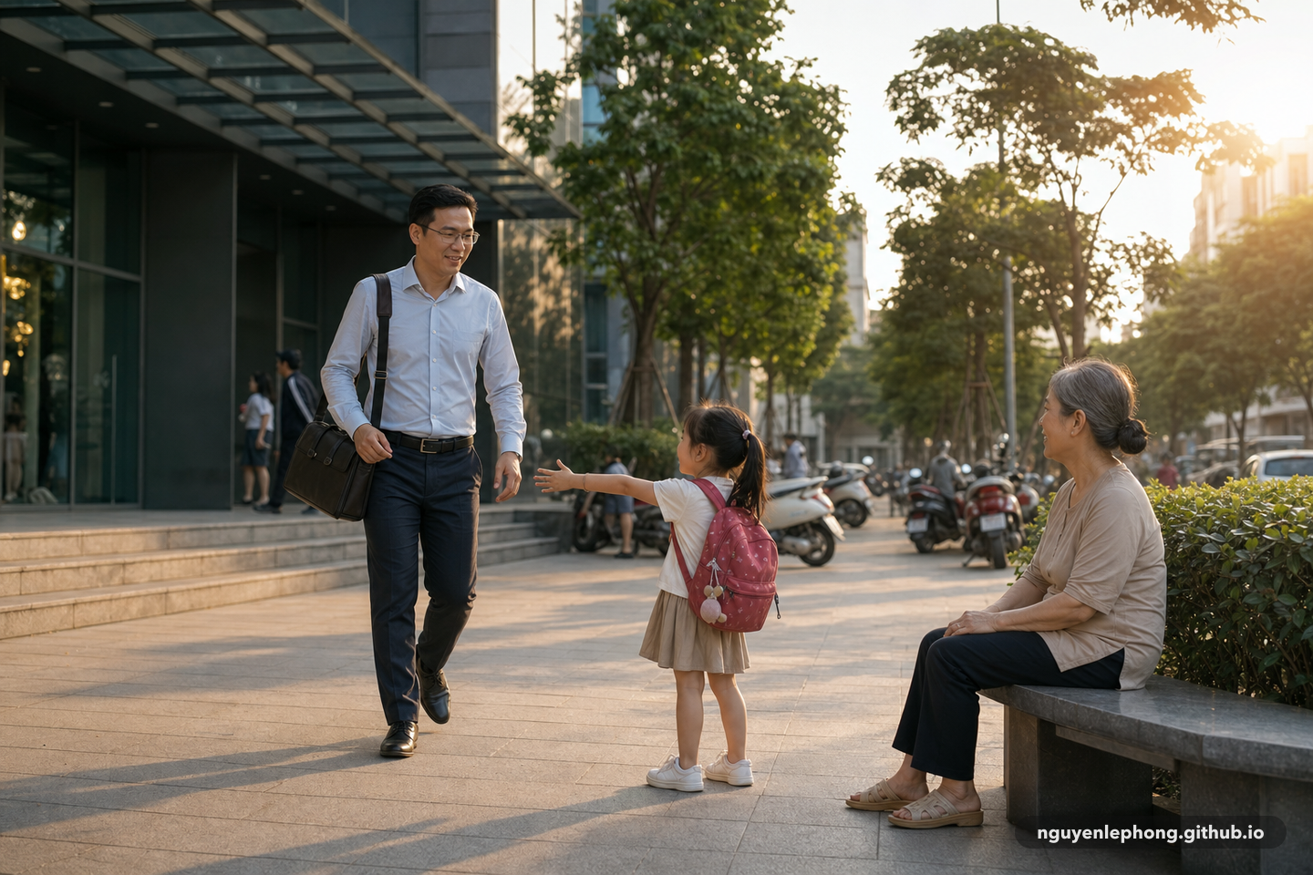 A parent leaves an office in late afternoon to meet a child and an older family member outside, with the workday ending early enough for presence.