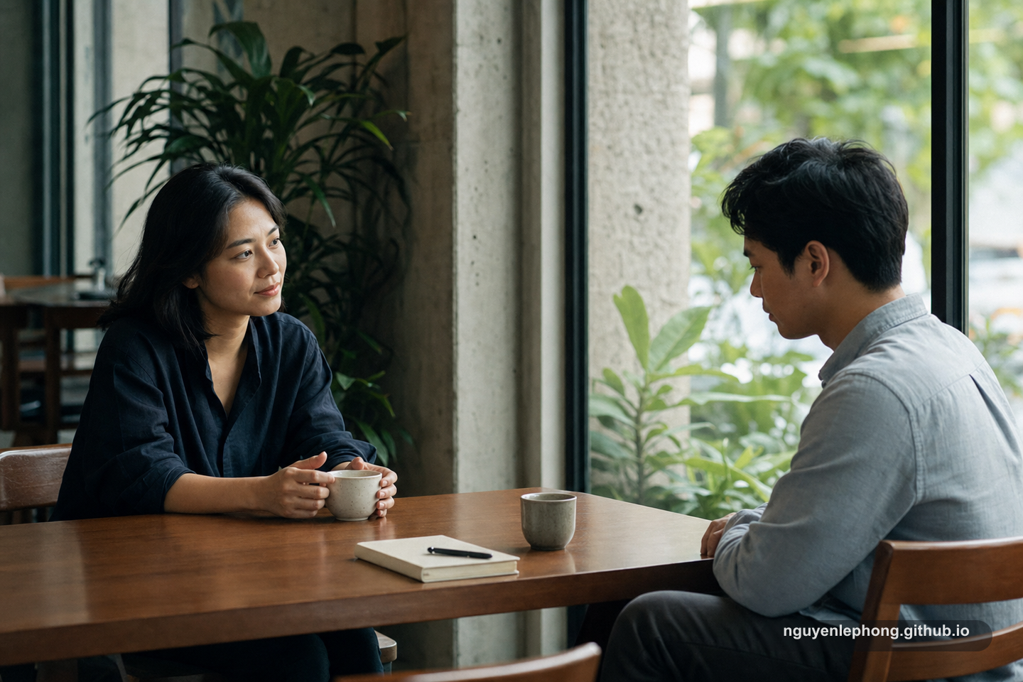 Two Vietnamese adults sit in a quiet cafe corner with cups and a blank notebook, leaving room for different points of view.