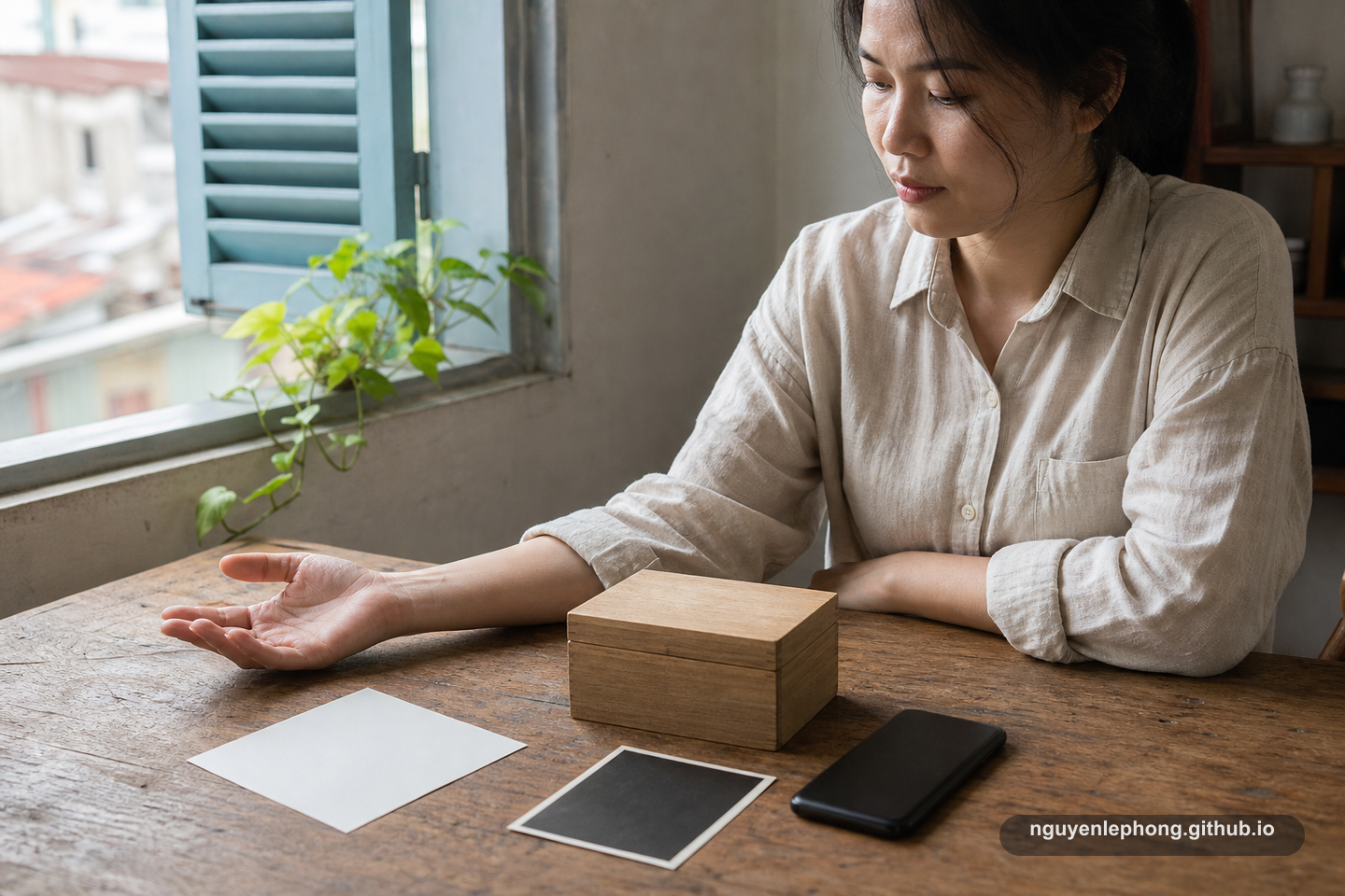 A Vietnamese adult opens their hand beside a small keepsake box, blank paper, face-down photo, and quiet phone by a window.