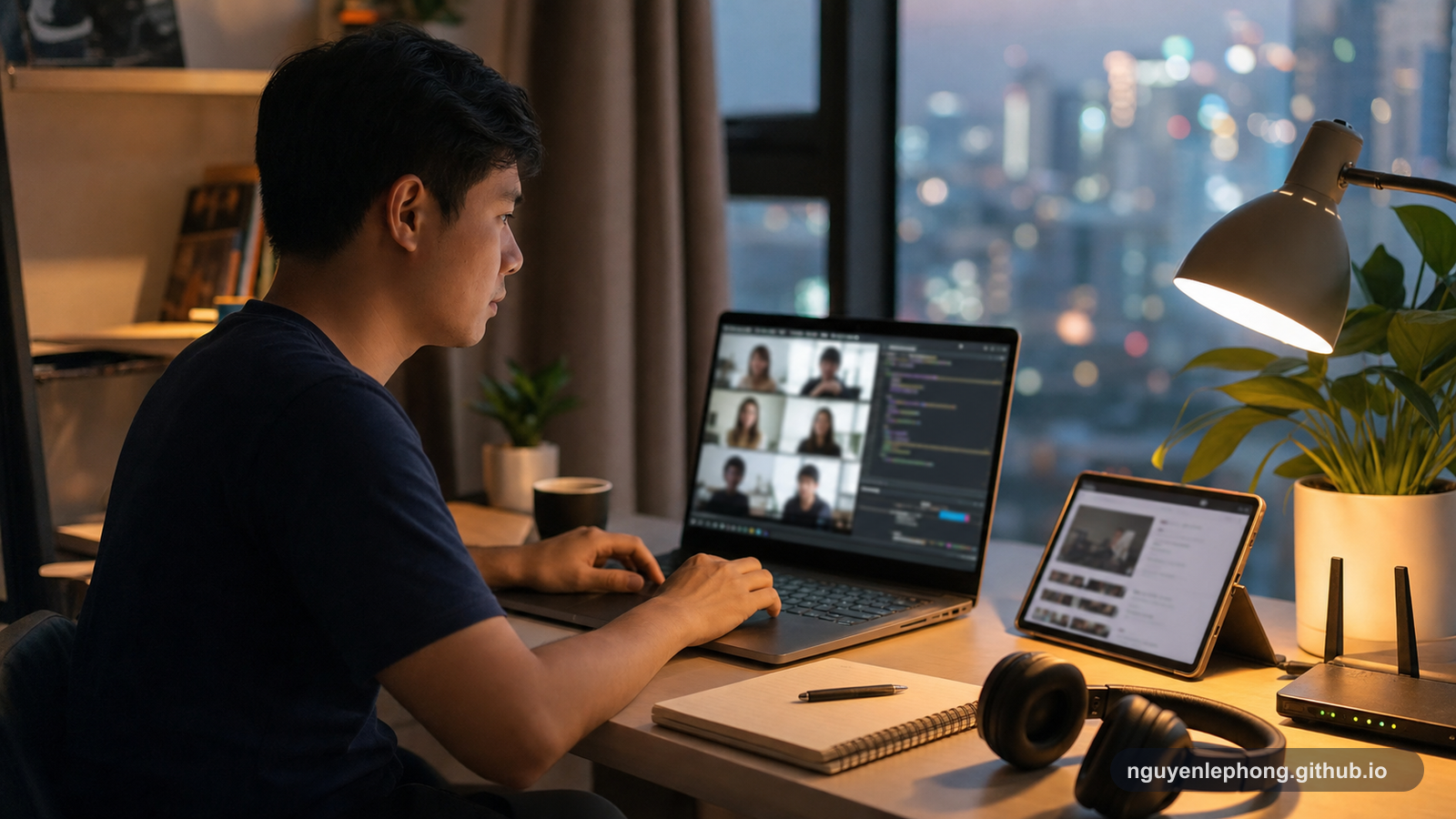 A Vietnamese professional works at an evening desk with a video call, documentation, and learning materials open, showing how work crosses borders through the screen.