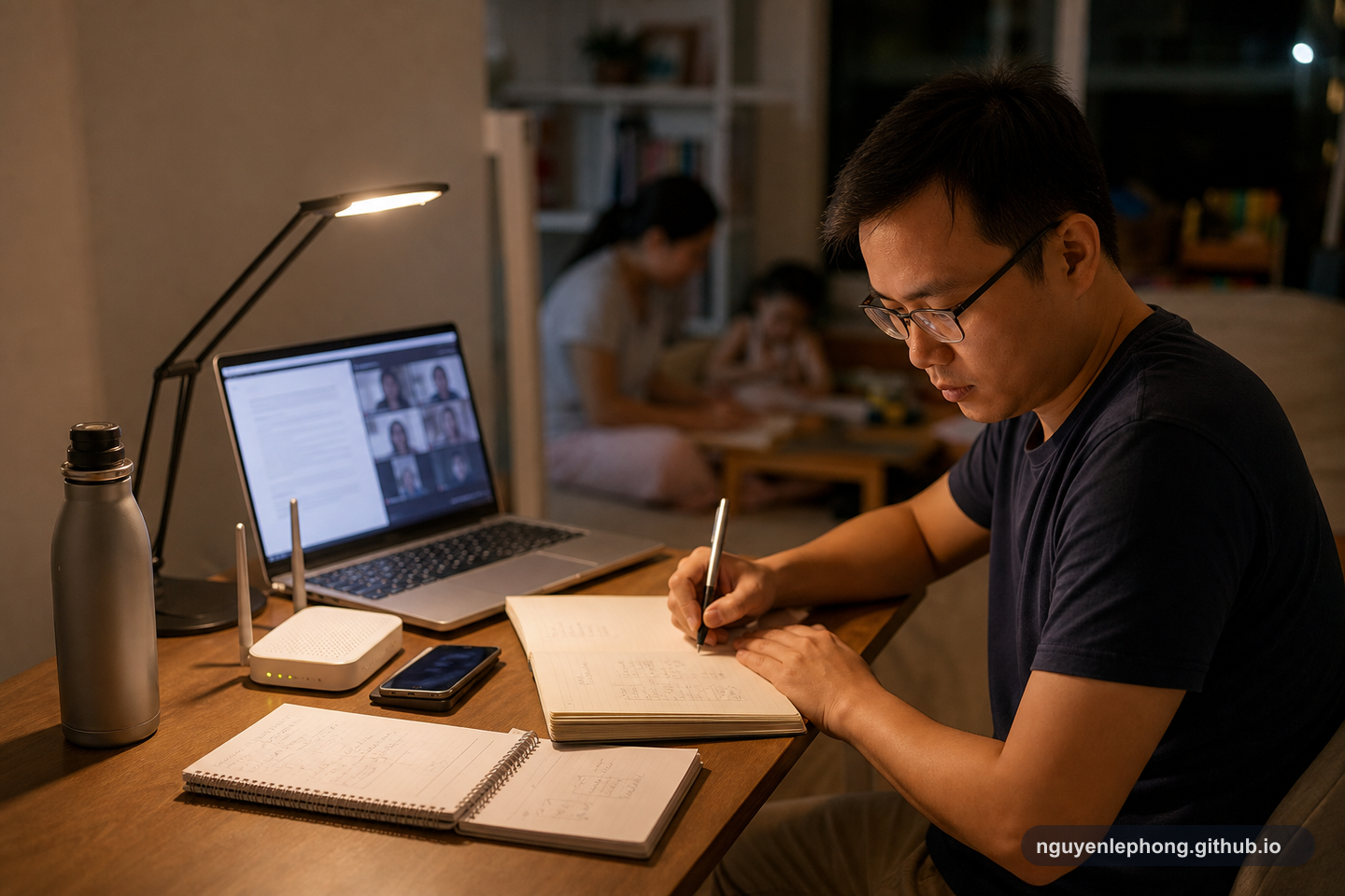 A Vietnamese professional studies at a modest evening work corner with a laptop, phone hotspot, notebook, and quiet home activity in the background.