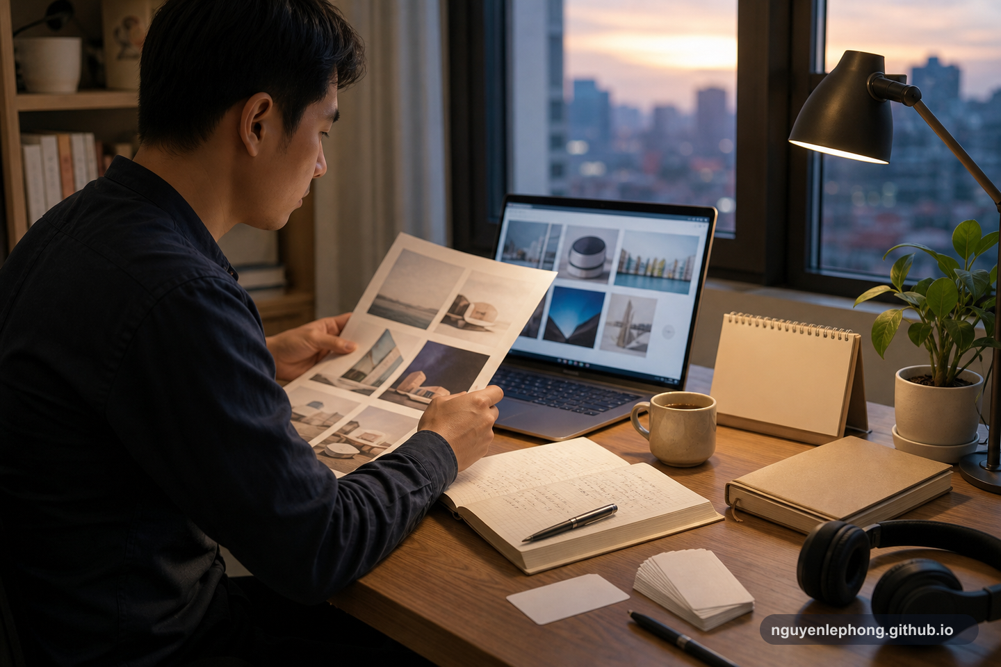 A calm evening desk with a laptop, portfolio notes, language practice materials, and a book, showing steady preparation for wider opportunities.