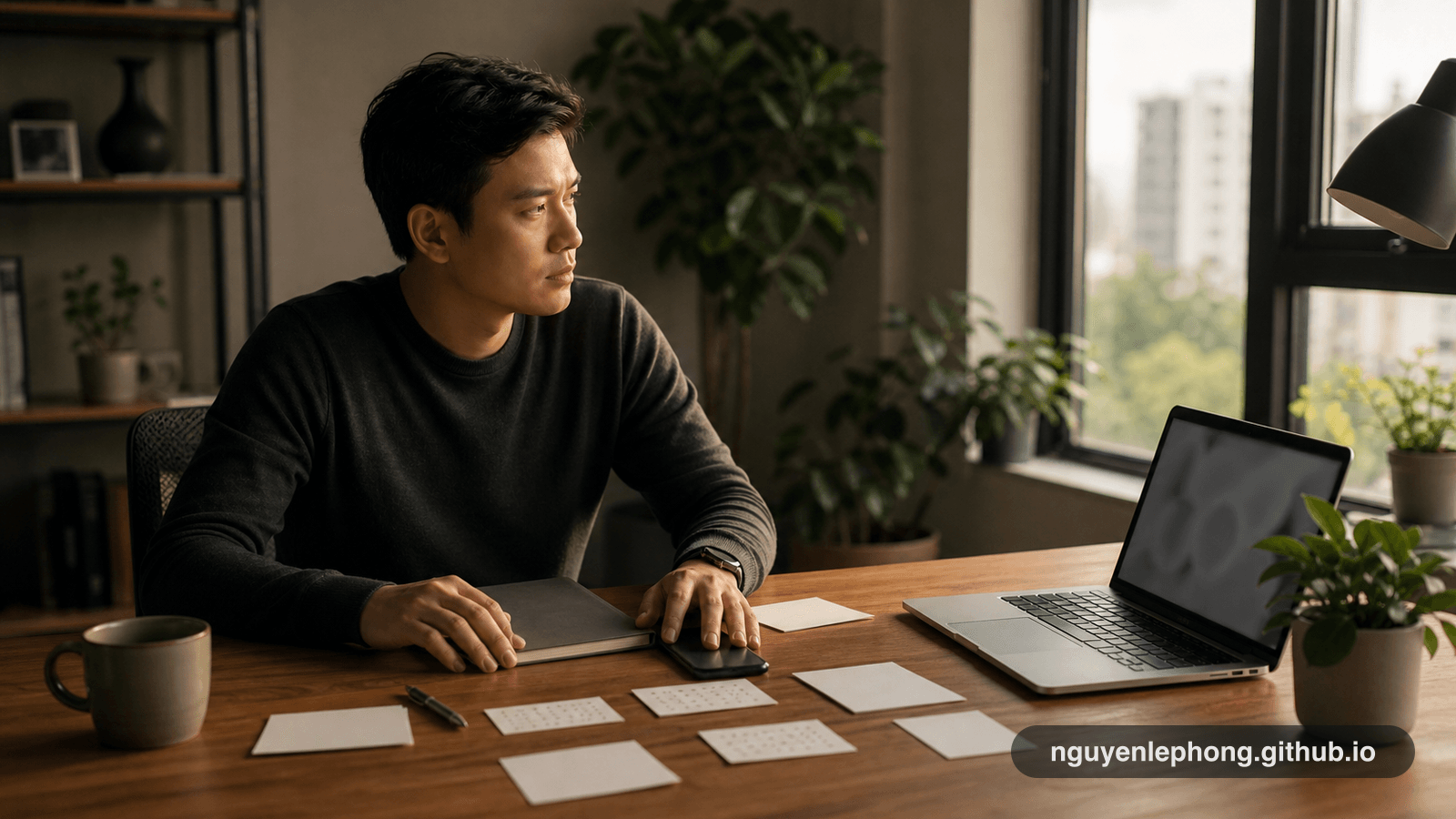 A Vietnamese professional pauses at a quiet desk with a closed notebook, face-down phone, blank cards, and soft window light.