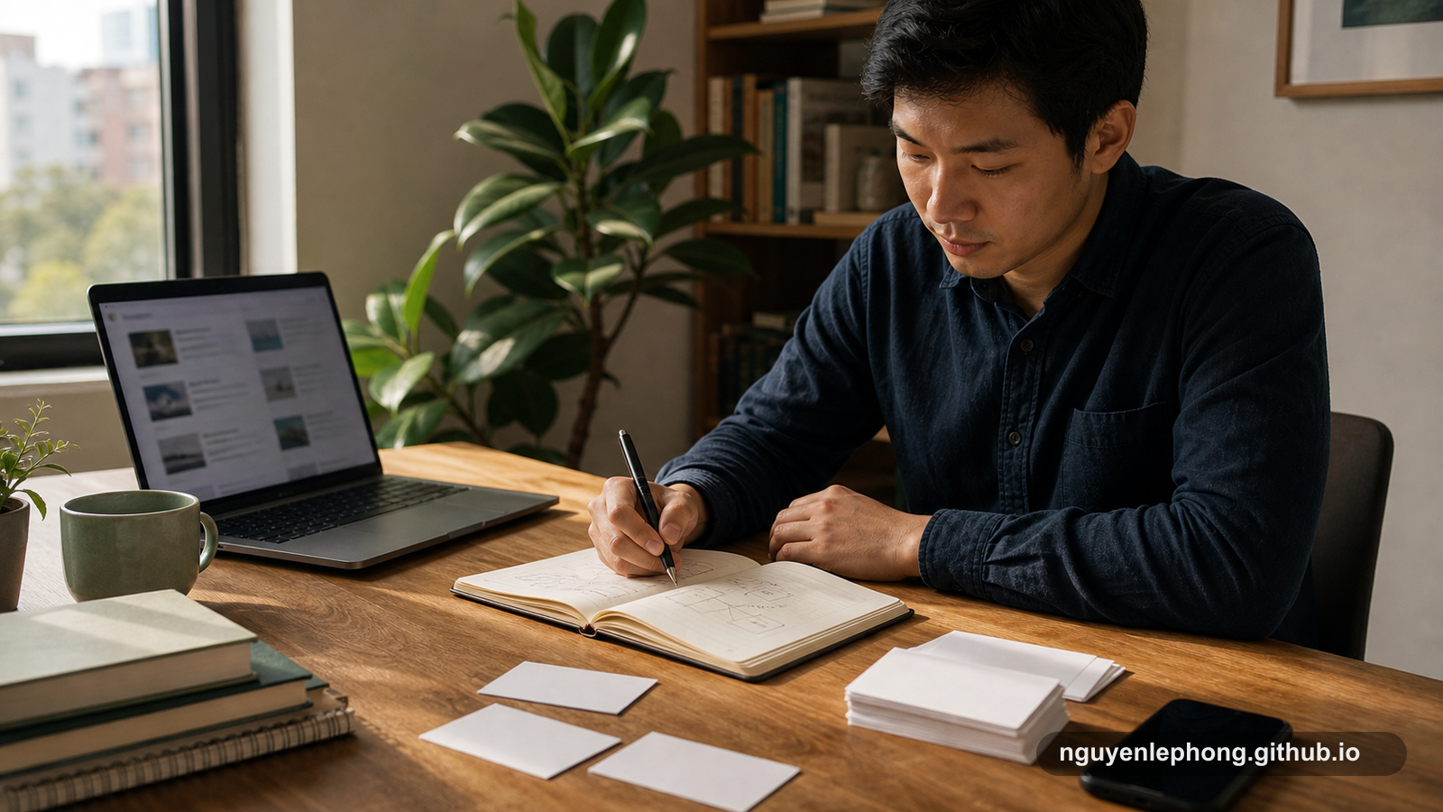 A Vietnamese professional chooses one idea to work through in a notebook while many blurred learning inputs remain open nearby.