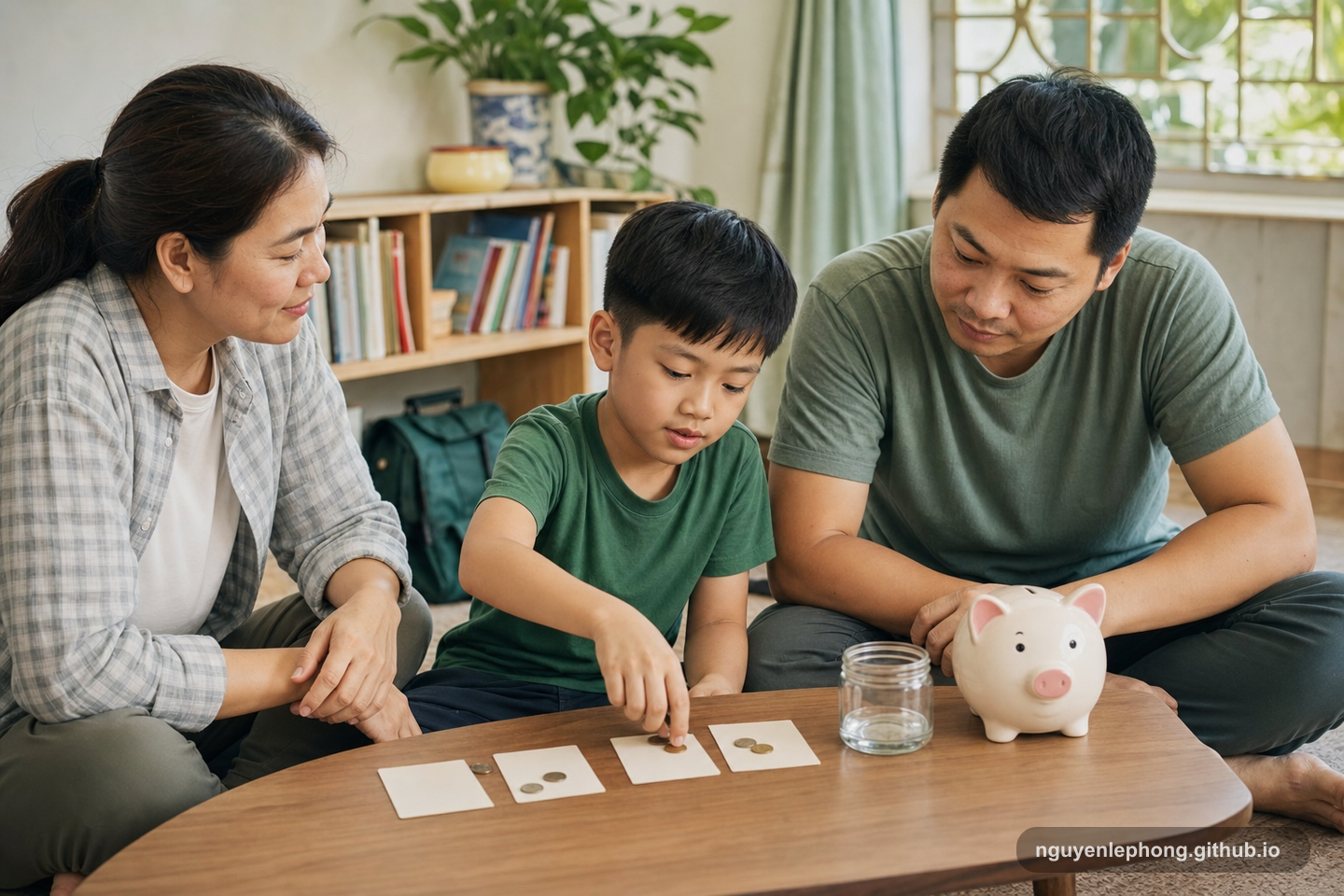 Cha mẹ Việt Nam hướng dẫn con một bài học tiết kiệm đơn giản với tiền xu và các thẻ trống trong phòng khách.