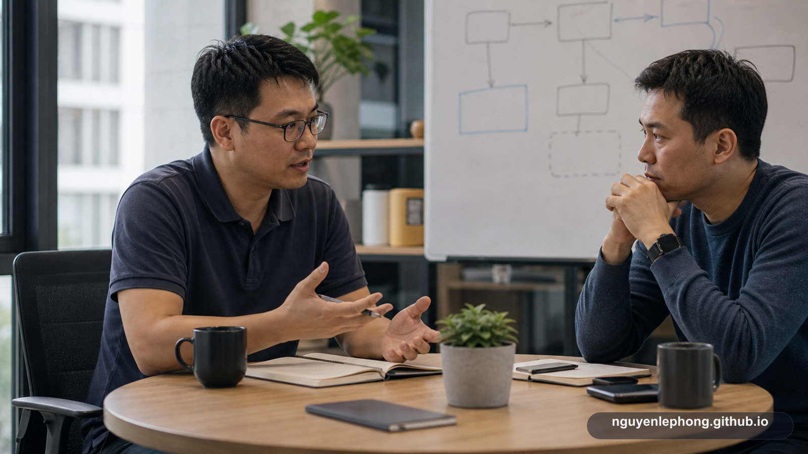 Two colleagues sit in a direct one-on-one conversation about boundaries, trust, and how strong talent should move inside a shared system.