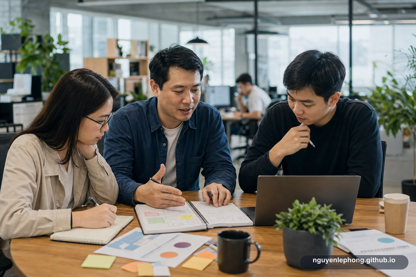 A senior teammate walks two colleagues through a plan at the table, turning personal expertise into something the whole team can use.