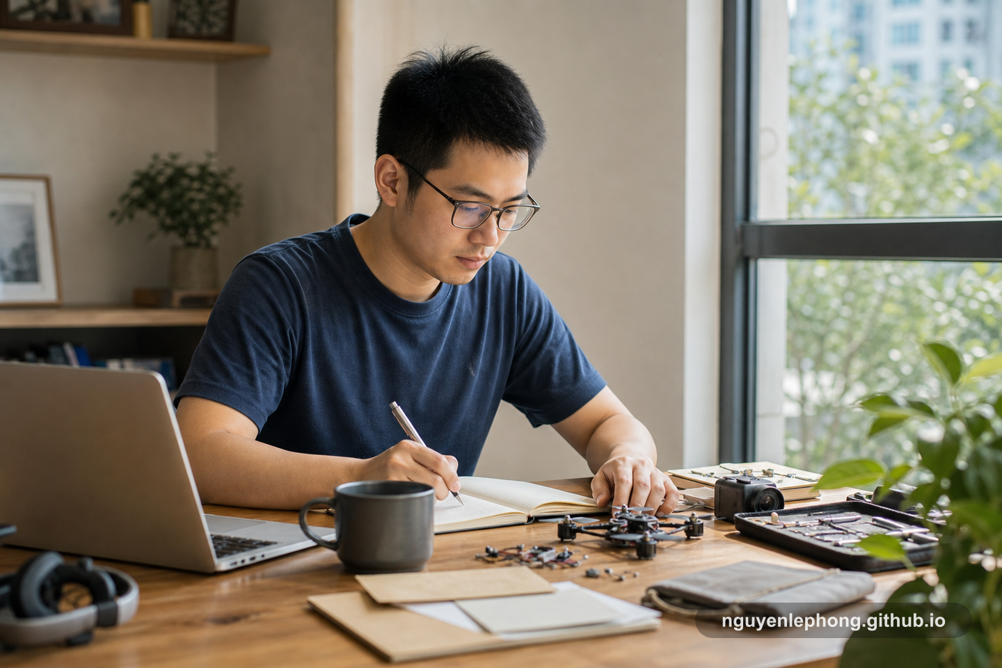 Nguyen Le Phong uses a quiet morning to plan learning time beside a small drone build and a few better tools.