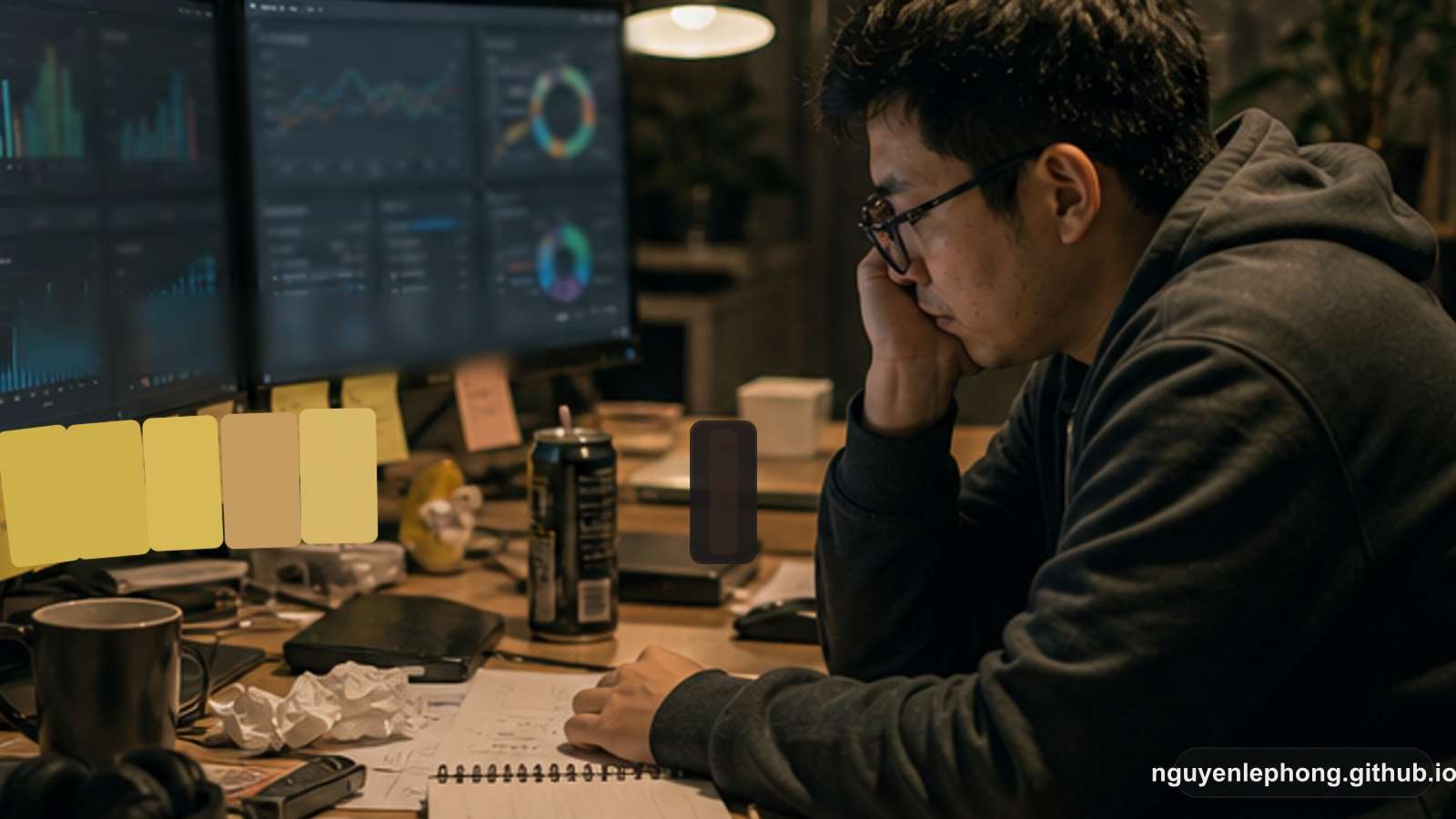 Một kỹ sư ngồi trước dashboard dày đặc vào cuối ngày, cho thấy sự mệt mỏi và tín hiệu hệ thống có thể tích lại rất lâu trước khi hậu quả lộ ra.