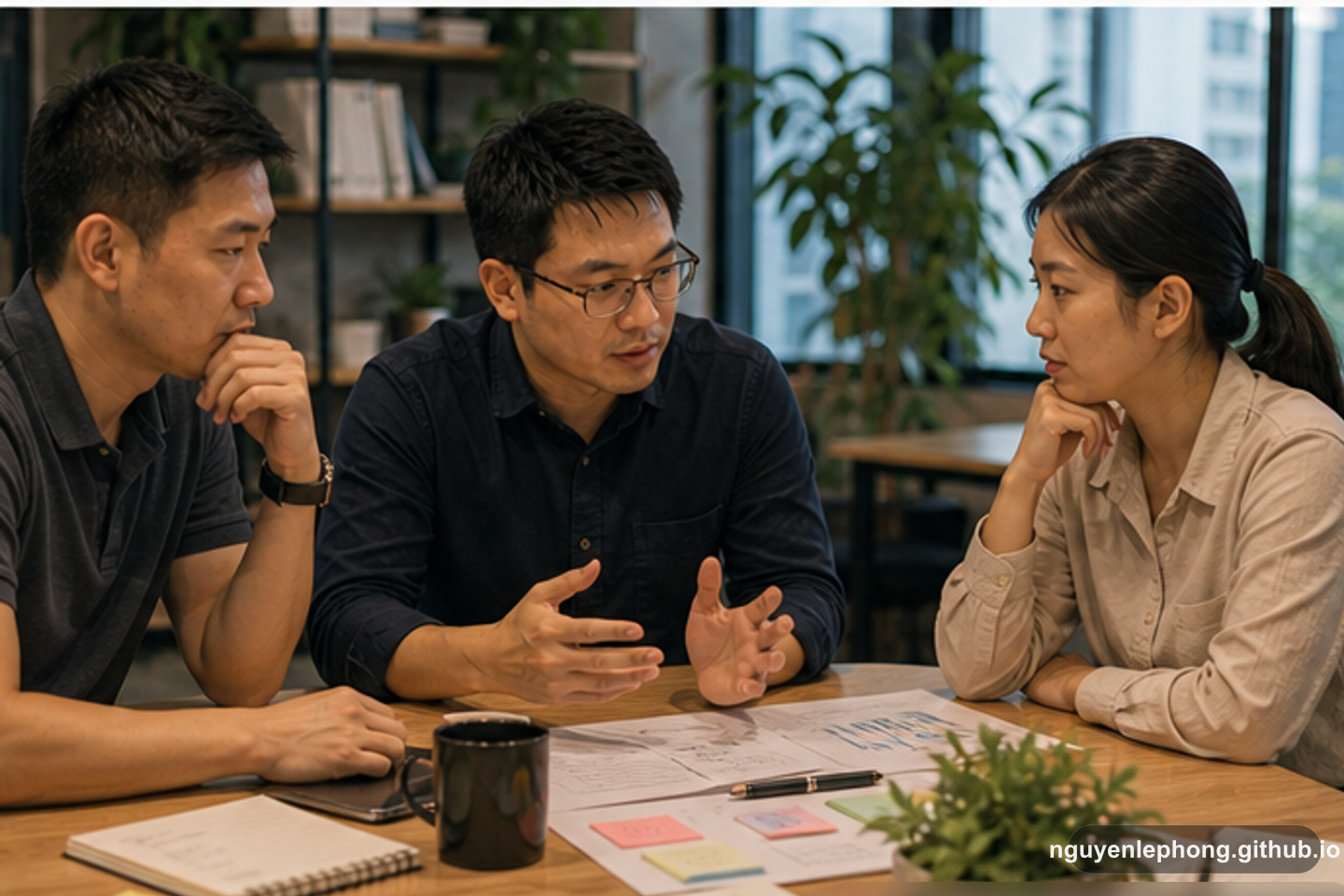 Nguyen Le Phong cùng hai đồng đội bàn về một thay đổi nhỏ trong quy trình ở bàn planning, tập trung vào đòn bẩy thay vì phần đang ồn.