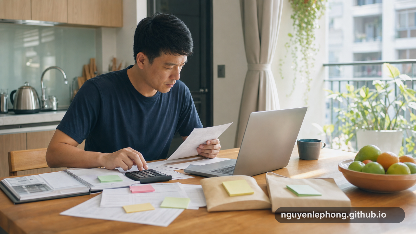 Một người mua nhà ở Việt Nam ngồi tại bàn ăn sáng, xem lại ngân sách gia đình, laptop và máy tính trước khi hỏi ngân hàng về khoản vay.
