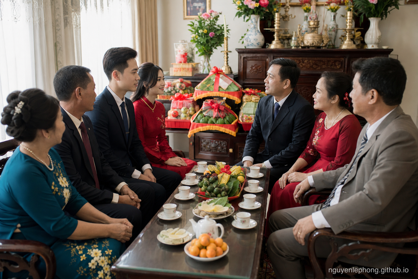 Two Vietnamese families sit around tea and simple wedding offerings during a respectful pre-wedding visit.