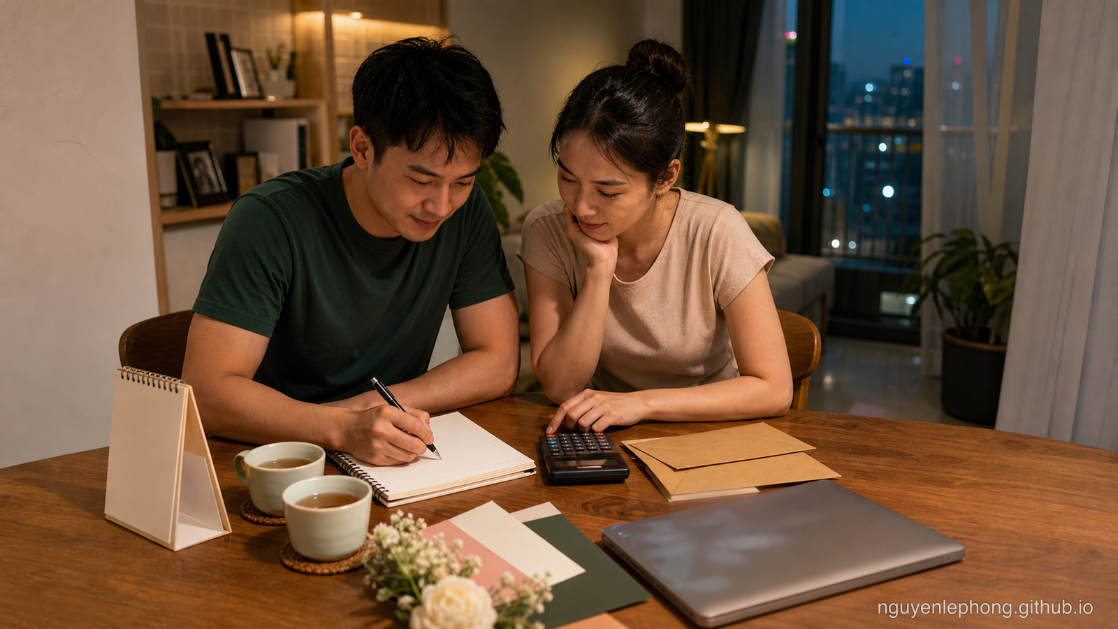 A Vietnamese couple reviews a wedding budget at an evening table with tea, blank notes, envelopes, and a calculator.