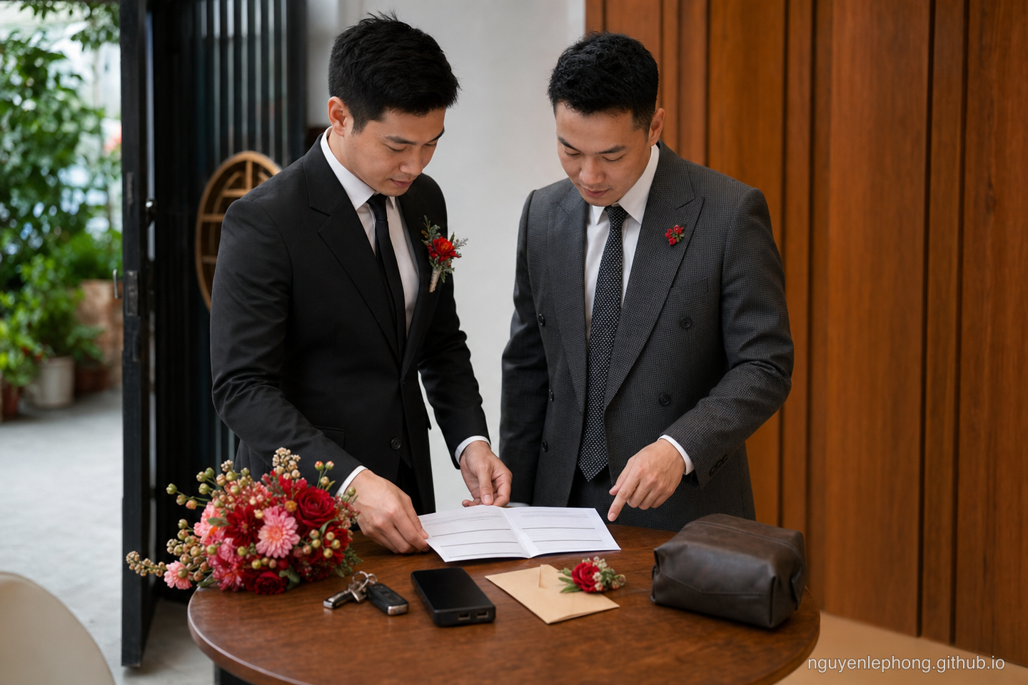 A Vietnamese groom and a trusted helper review a wedding-day logistics kit with flowers, envelopes, keys, a phone, and a power bank.