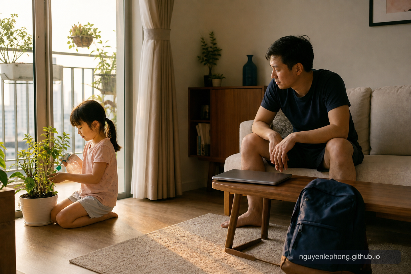A child tends a small potted plant while an adult keeps a closed laptop nearby in a quiet living room.