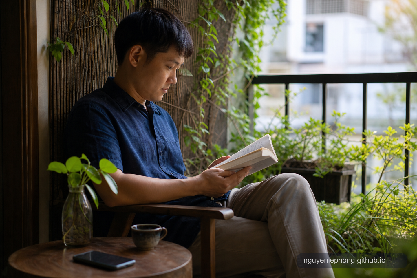 A person reads quietly near a window with a phone placed face down and out of reach.