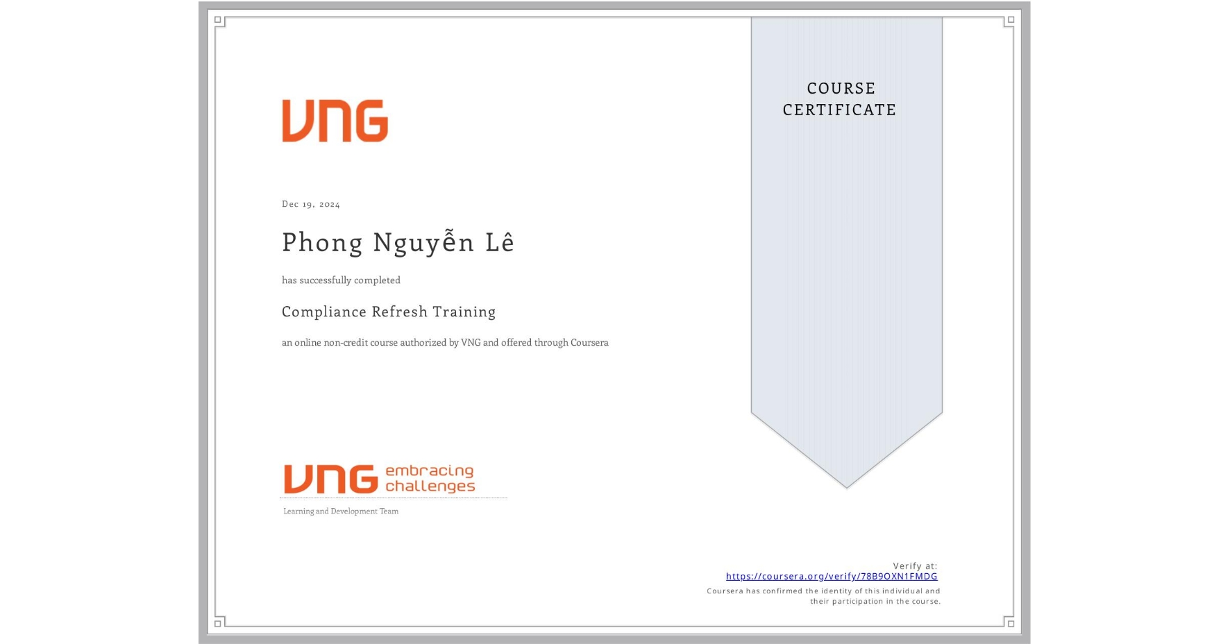 Nguyen Le Phong - Software Engineer - Compliance Refresh Training certificate