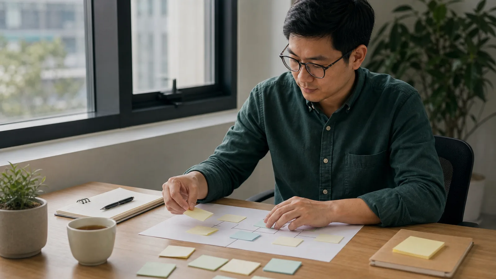 A professional calmly arranges blank sticky notes into a small decision map beside a notebook and cup of tea.