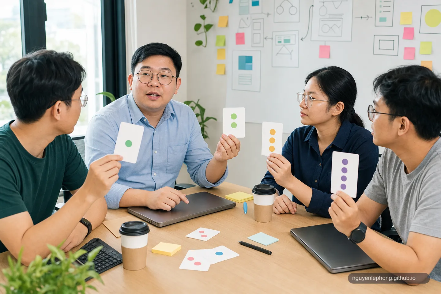A planning poker conversation where teammates reveal blank dot-pattern cards and compare their hidden assumptions.
