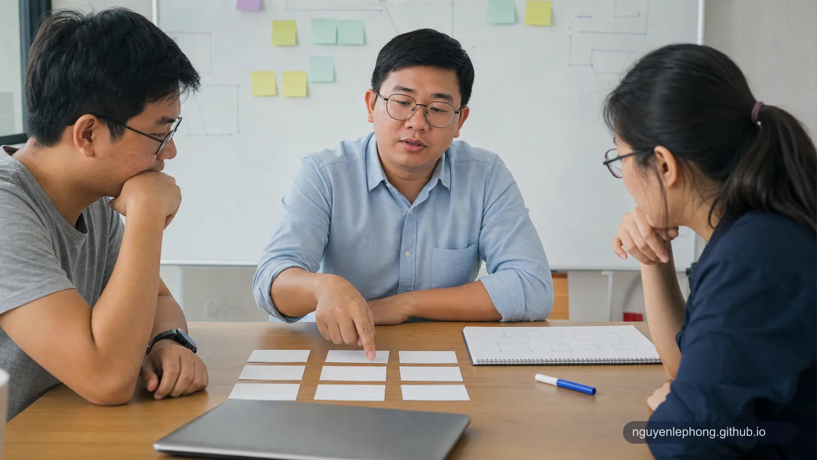 A software team calmly reorders blank planning cards after new integration assumptions become visible.