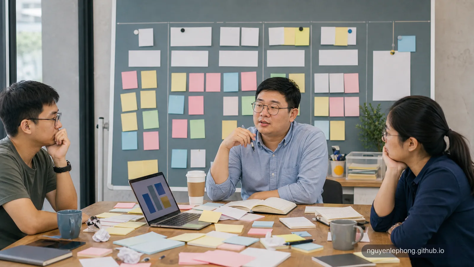 A software team sits under a crowded blank process board after a long meeting, weighing ceremony against real learning.