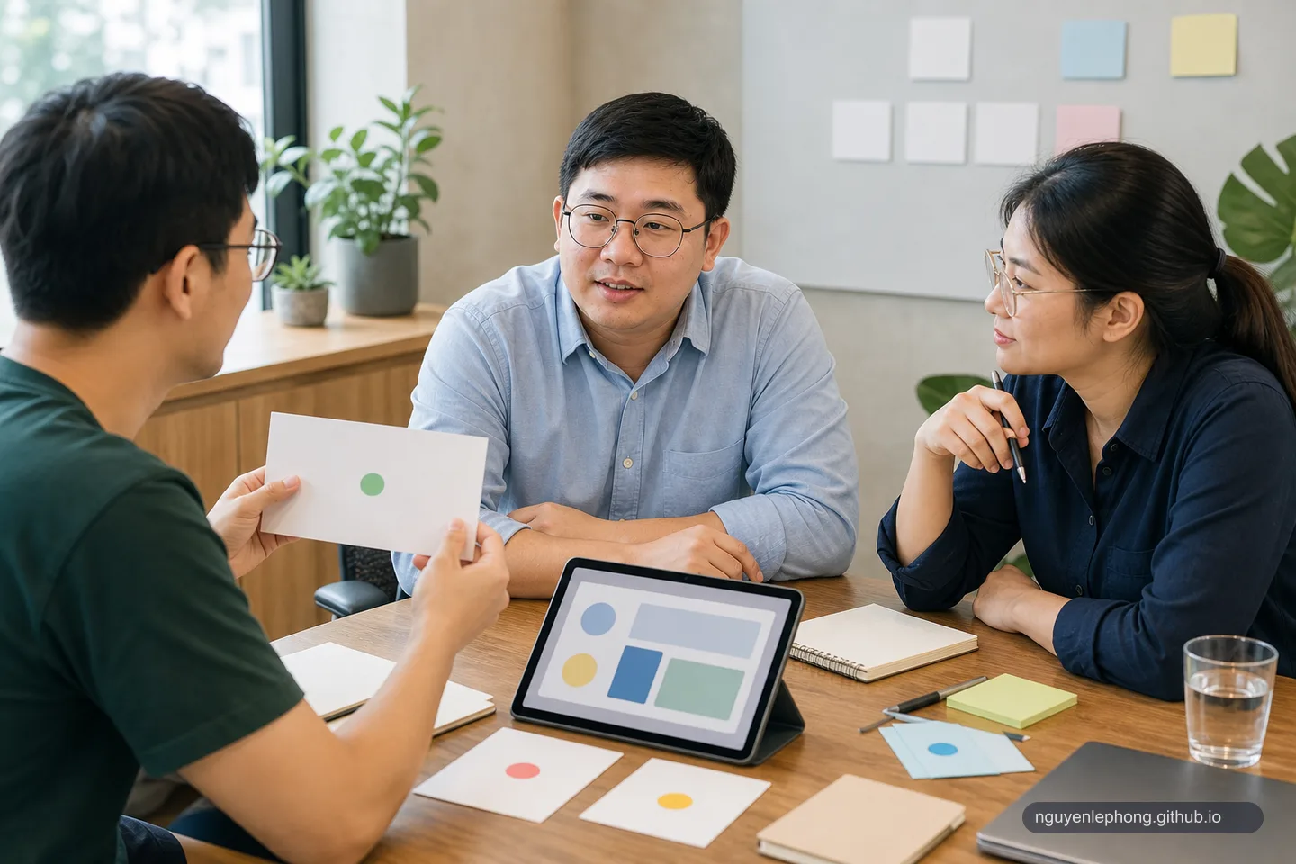A product team reviews a small prototype with blank feedback cards and listens before adjusting the work.