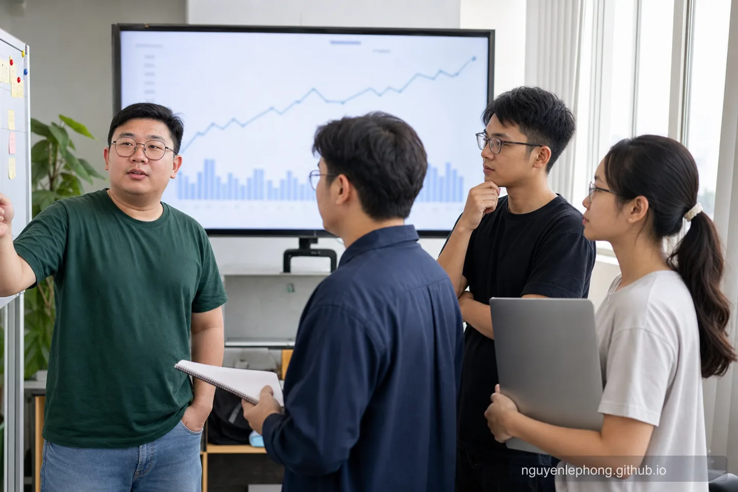 A team reviews abstract flow charts and retrospective notes together.