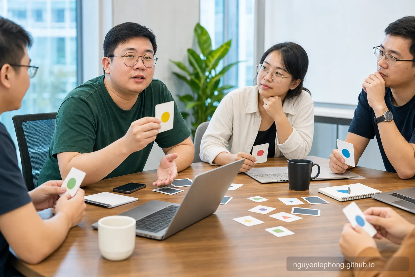 A software team compares planning poker cards with abstract symbols while discussing the assumptions behind one story.
