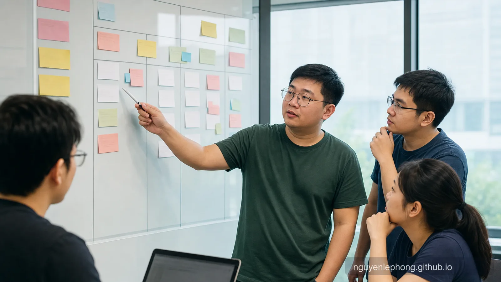A software team reviews a Scrum board together while one teammate points to grouped work items and status columns.