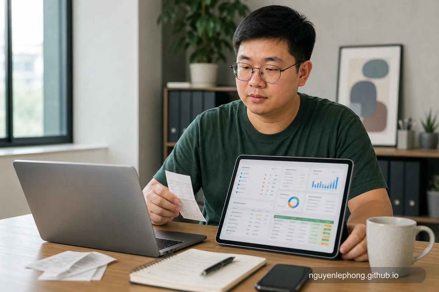 Phong checking receipts and a tidy operations dashboard while an AI assistant has already prepared the repetitive office work for review.
