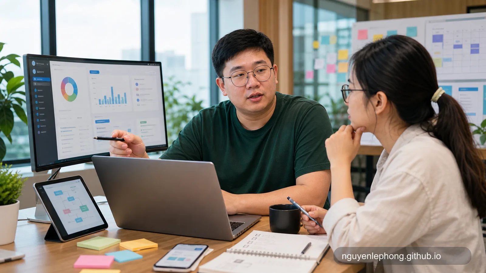 Phong and a colleague reviewing an AI-driven workflow on their screens while discussing the finished outcome the agent should deliver.