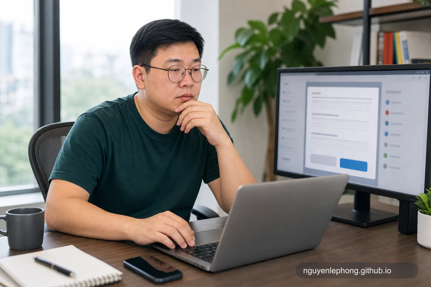Phong pausing over a draft approval screen before letting an AI agent take the next action.