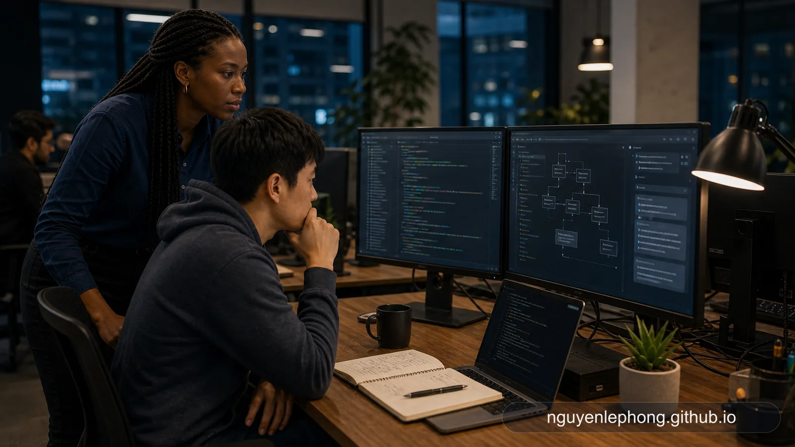 Một engineer lặng lẽ giám sát workflow có AI hỗ trợ ở terminal, trong khi teammate quan sát các bước tiếp theo trước khi hệ thống vượt boundary.