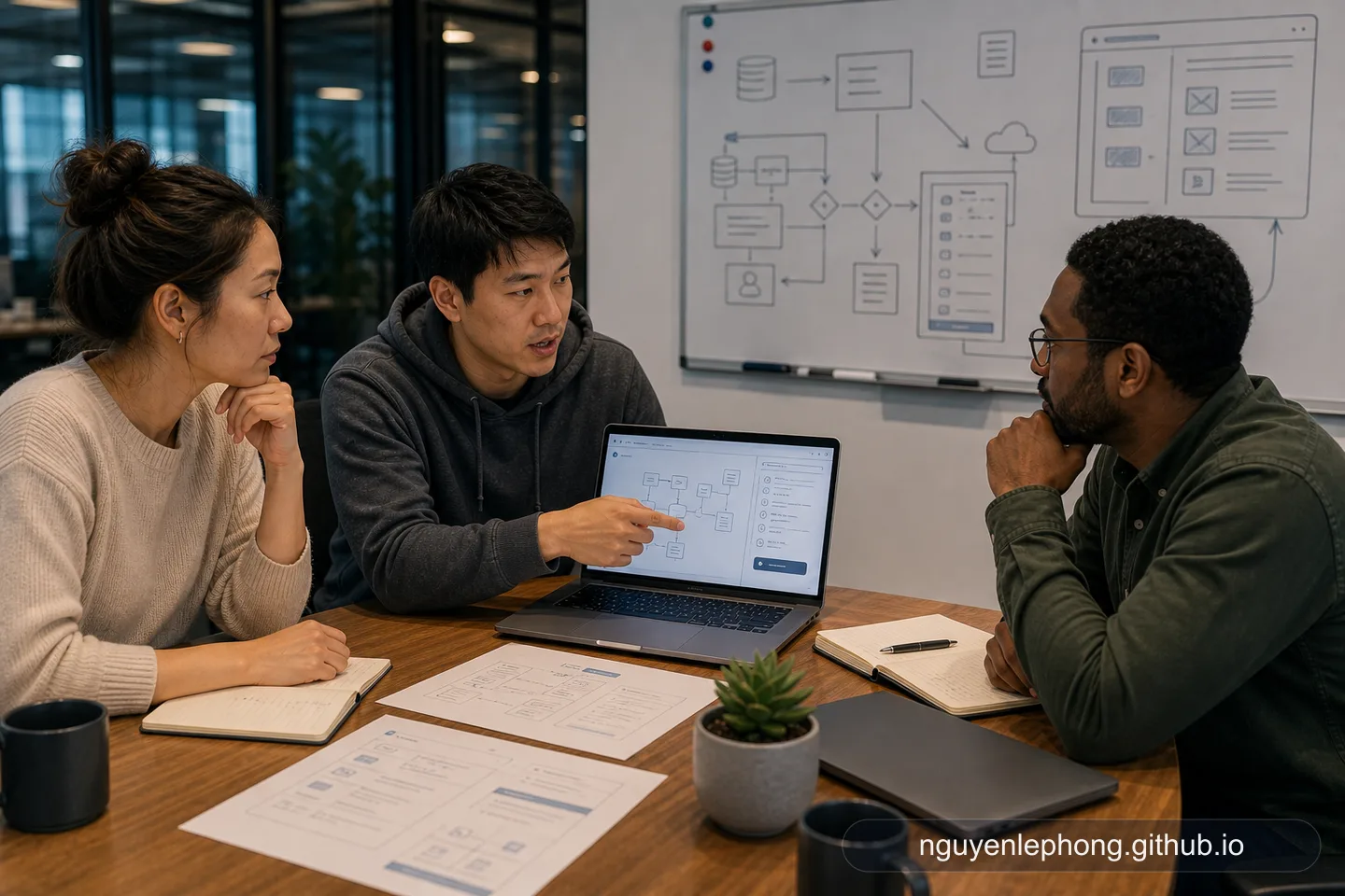 Một nhóm đang cùng xem sơ đồ workflow của AI agent và bàn về tool access, permission, approval gate cùng phạm vi agent được phép thay đổi.