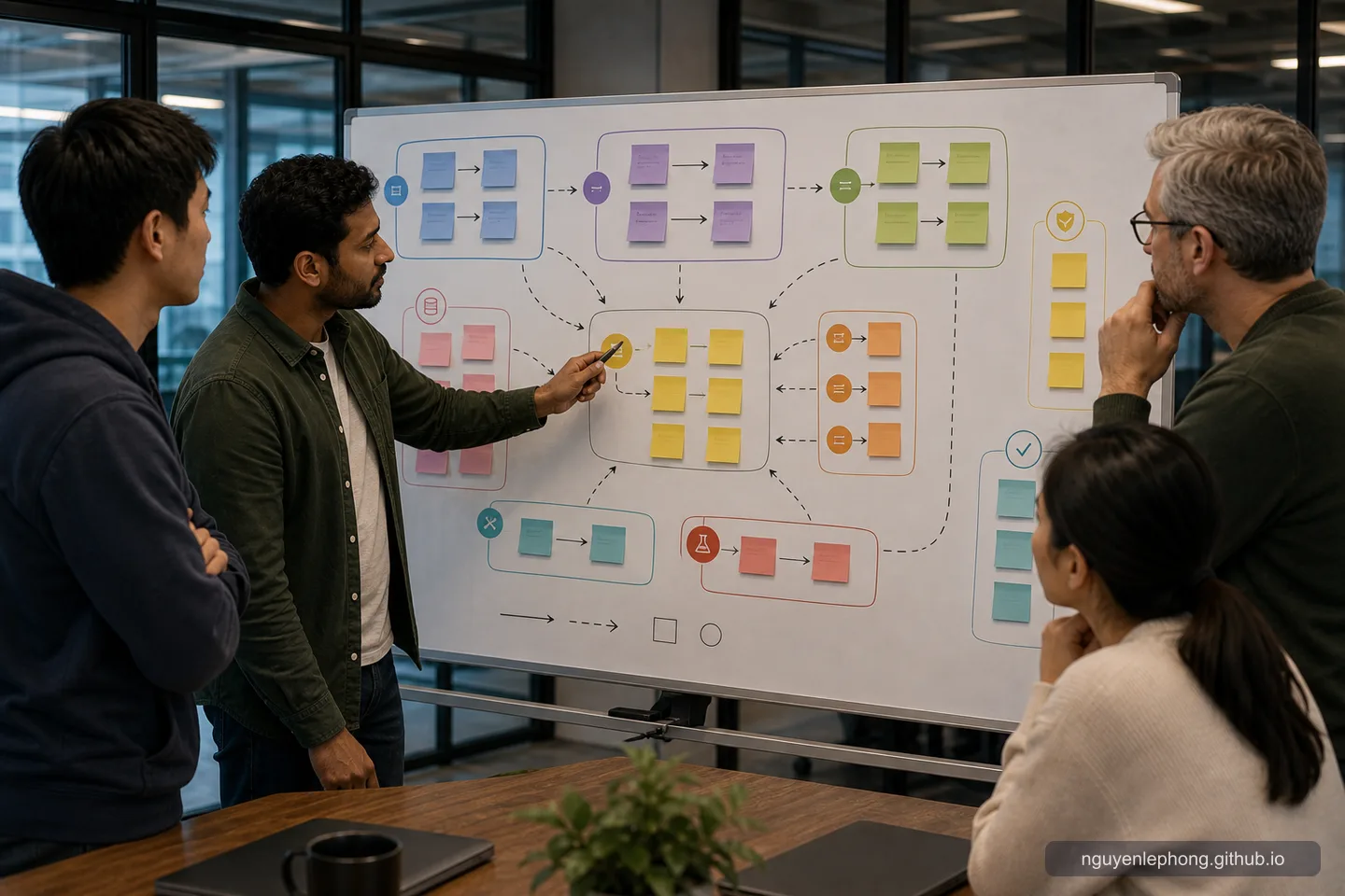A small team maps responsibilities, side effects, and seams on a whiteboard before touching the code.