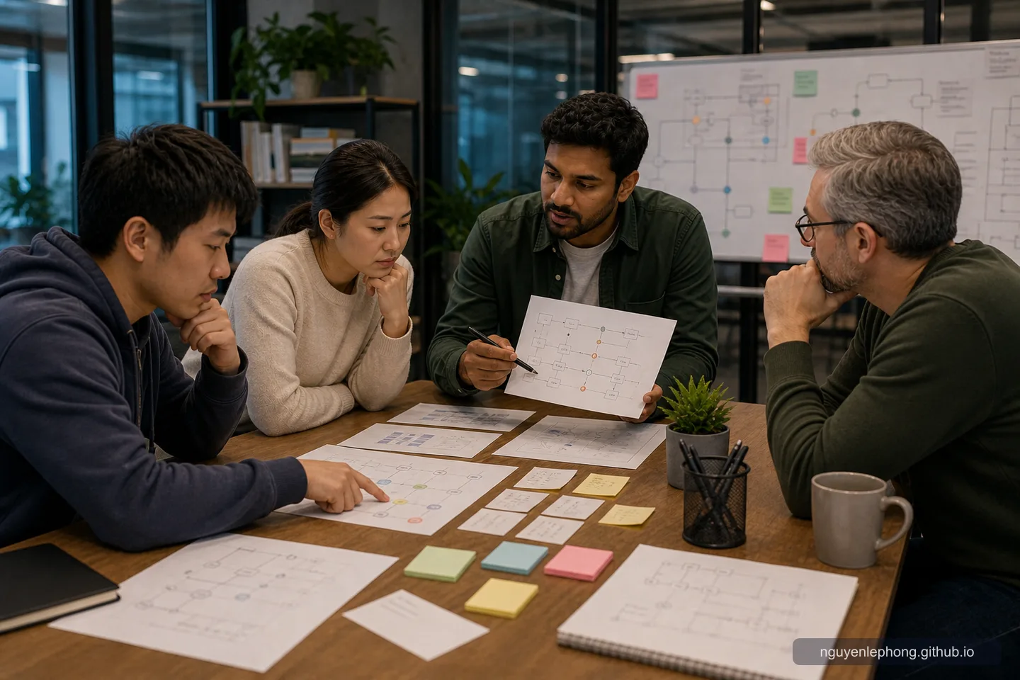 Teammates compare behavior diagrams and test scenarios around a table before trusting an AI-assisted refactor.