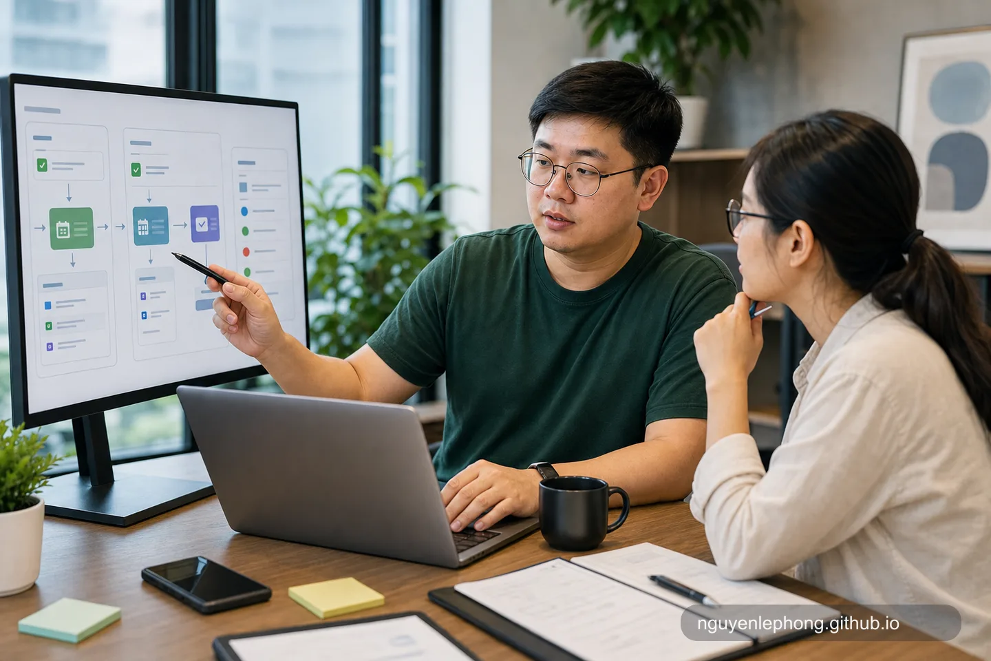 Phong cùng đồng nghiệp dừng ở bước rà soát cuối trước một quy trình AI trên màn hình, giữ con người ở cổng duyệt.