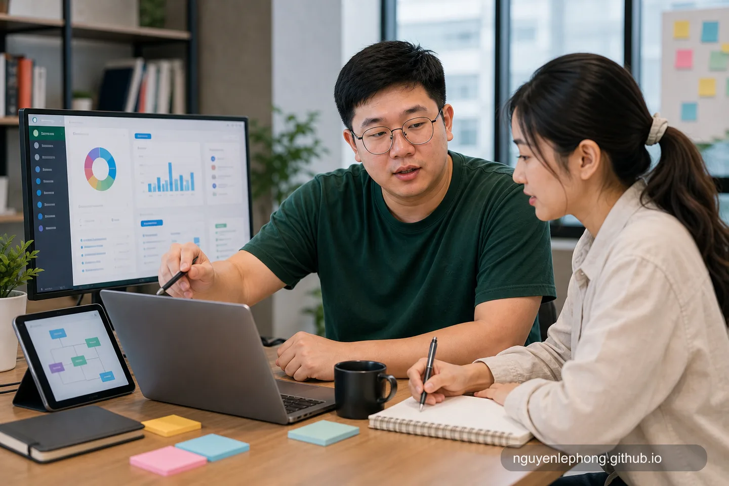 Phong cùng một đồng nghiệp rà lại các bước onboarding và hỗ trợ khách hàng trên màn hình, tìm chỗ AI có thể đỡ tay trong những việc lặp lại hằng ngày.