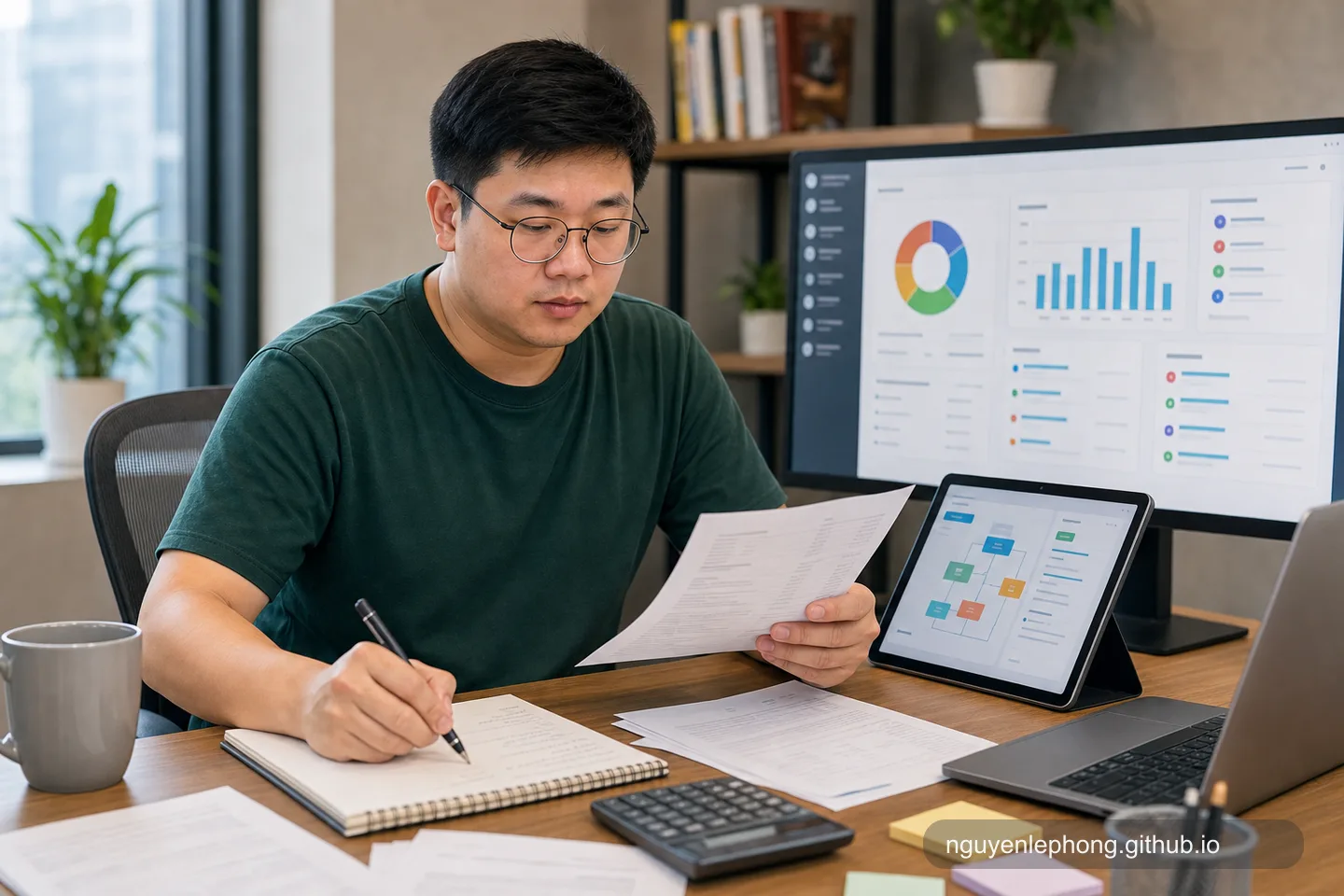 Phong ngồi đối chiếu chứng từ, ghi chú và dashboard vận hành gọn gàng trong một workflow đối soát được AI chuẩn bị sẵn.