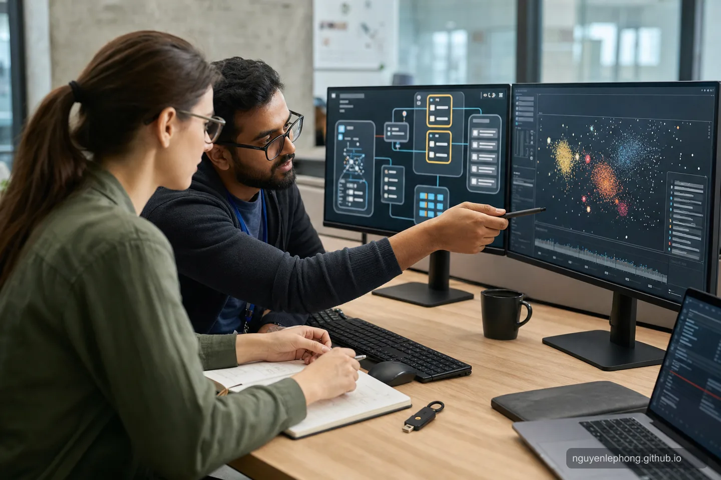 Two security reviewers compare an AI recommendation with source events and permission boundaries before taking action.