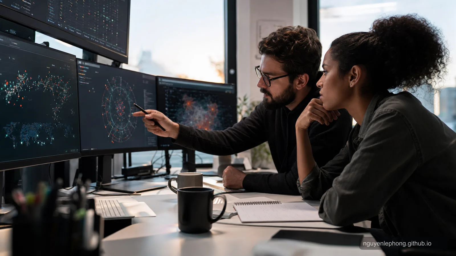 Two security analysts review clustered alert activity on several monitors in a quiet operations workspace.