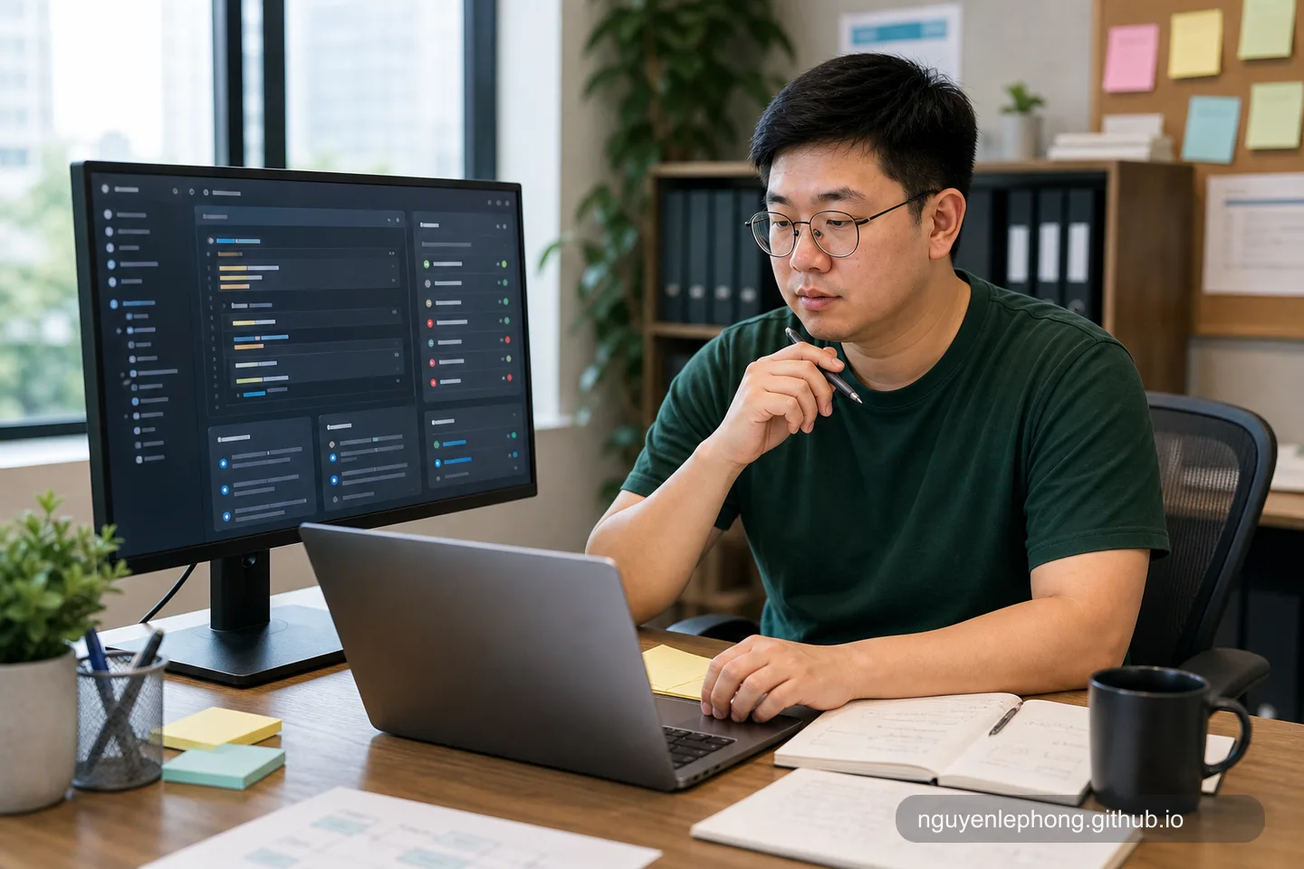 Phong and a teammate reviewing an AI-generated map of candidate test scenarios across several product flows on shared screens.