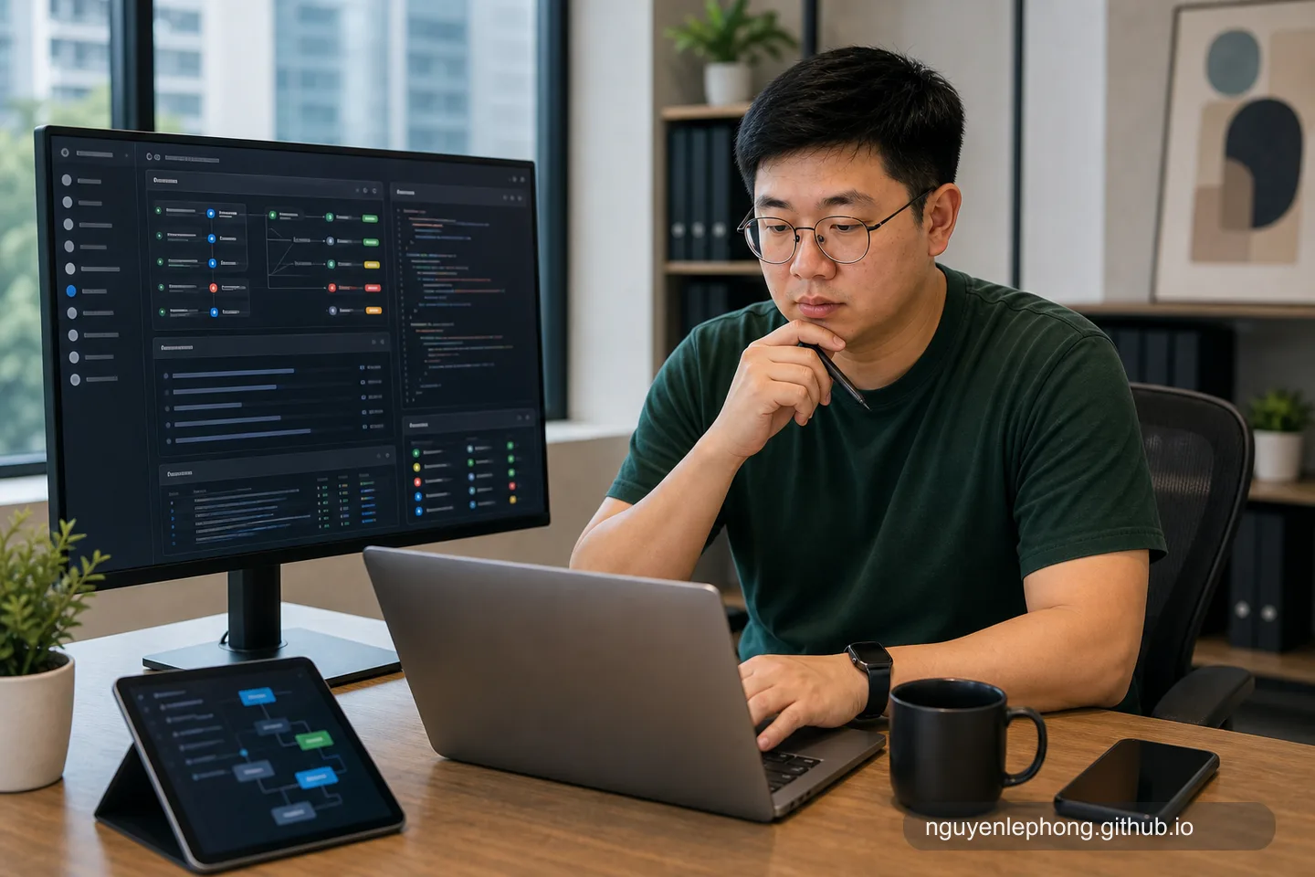 Phong reviewing AI-generated test output on a dark monitor, checking whether the structure is trustworthy before accepting it.
