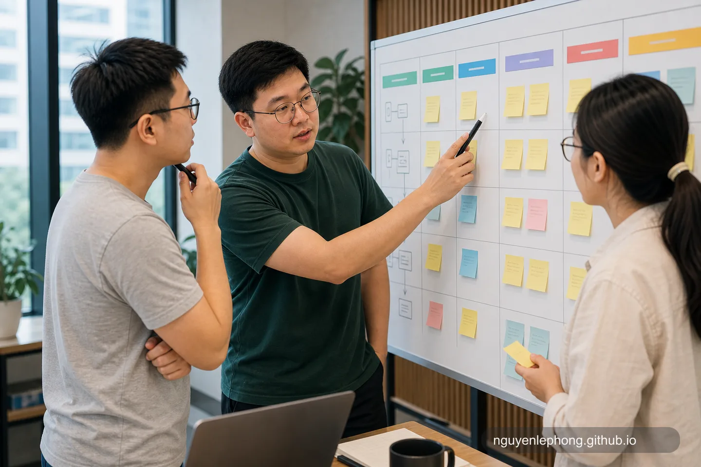 Phong leading two teammates through a risk inventory board that separates flows, boundary cases, and automation decisions before test code is written.