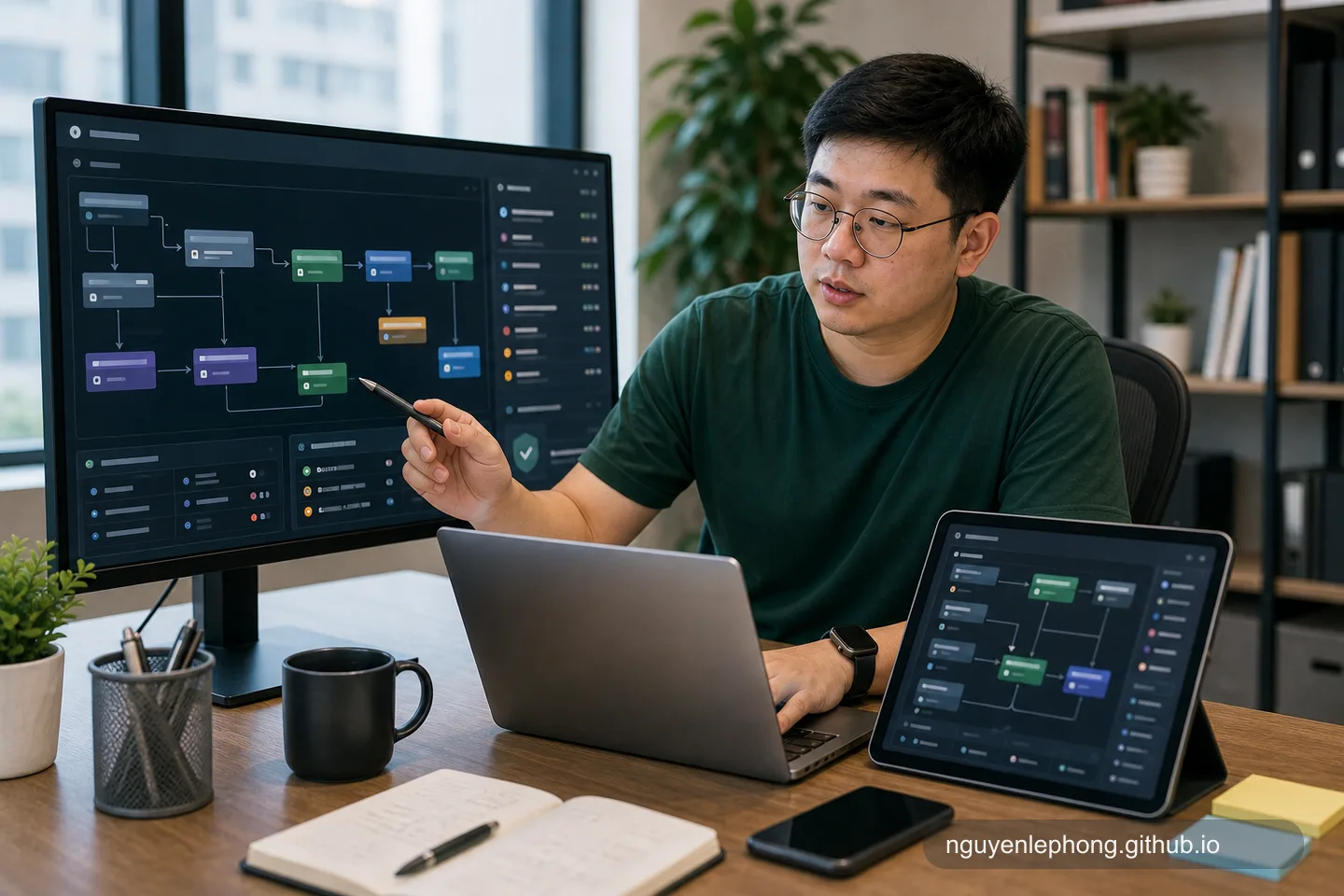 Phong đang điều phối một workflow agent nhiều bước trên màn hình lớn và tablet, thể hiện cách nhiều vai AI được nối thành một hệ thống.