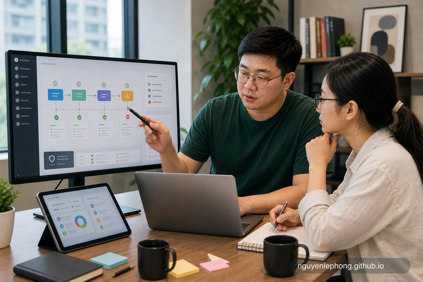 Phong cùng một đồng nghiệp xem lại checkpoint của workflow AI trước khi duyệt bước tiếp theo trong hệ thống.