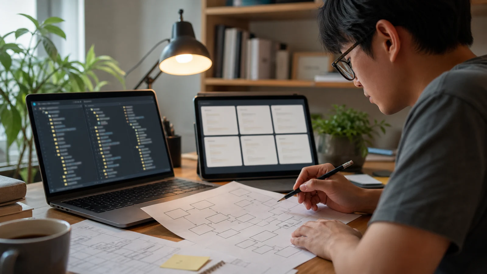 An engineer compares an AI-assisted codebase summary with a printed dependency map.
