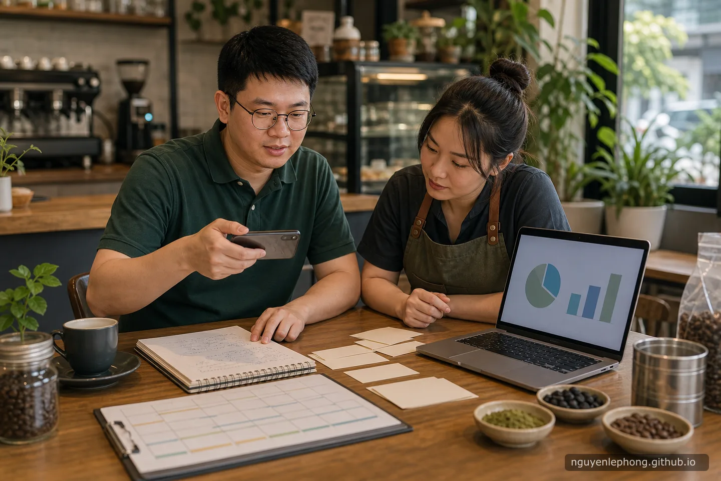 Phong helps a cafe owner photograph handwritten sales notes while a laptop shows a simple performance chart.