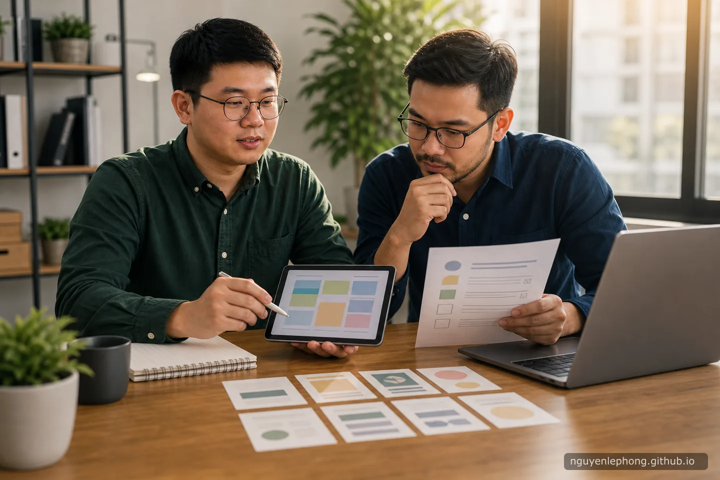 Phong and a teammate compare a tablet, a printed checklist, and a laptop before trusting an AI-assisted decision.