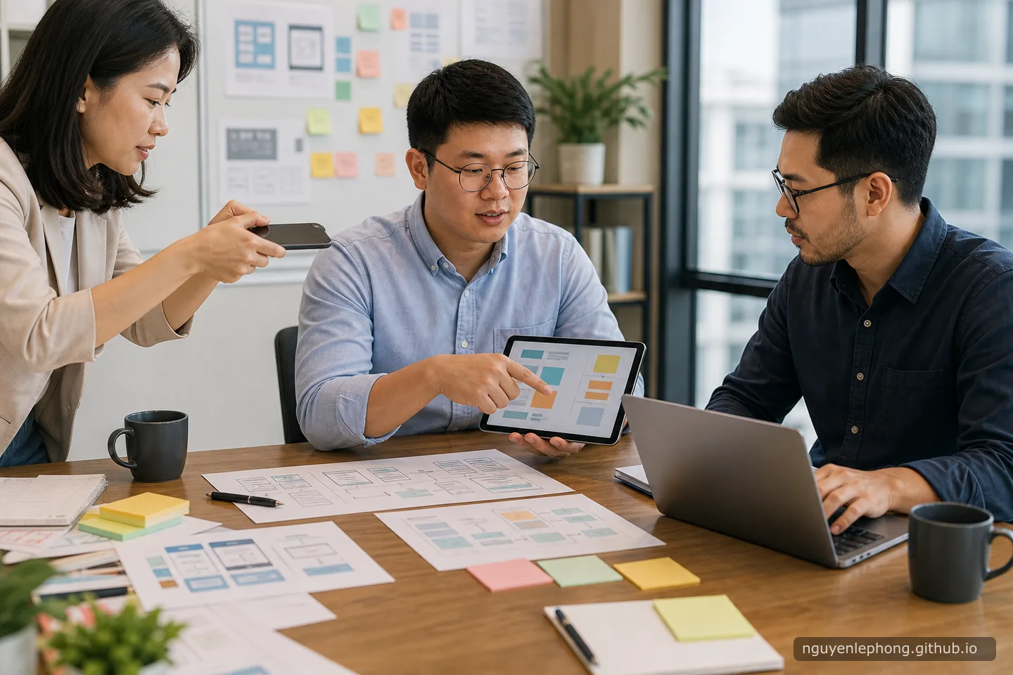 Phong reviews a tablet while one teammate uses a phone camera and another works beside a laptop in a product workspace.